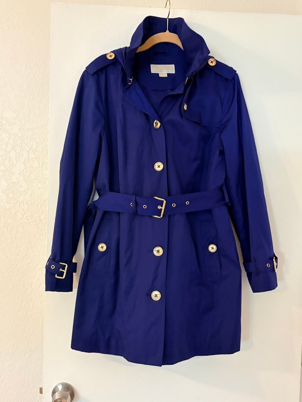 Michael Kors Petite XL Cobalt Blue Belted Trench Coat Hooded Gold Hardware